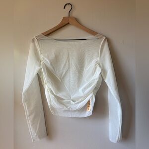 White Mesh Ruched Women's Blouse Sz L